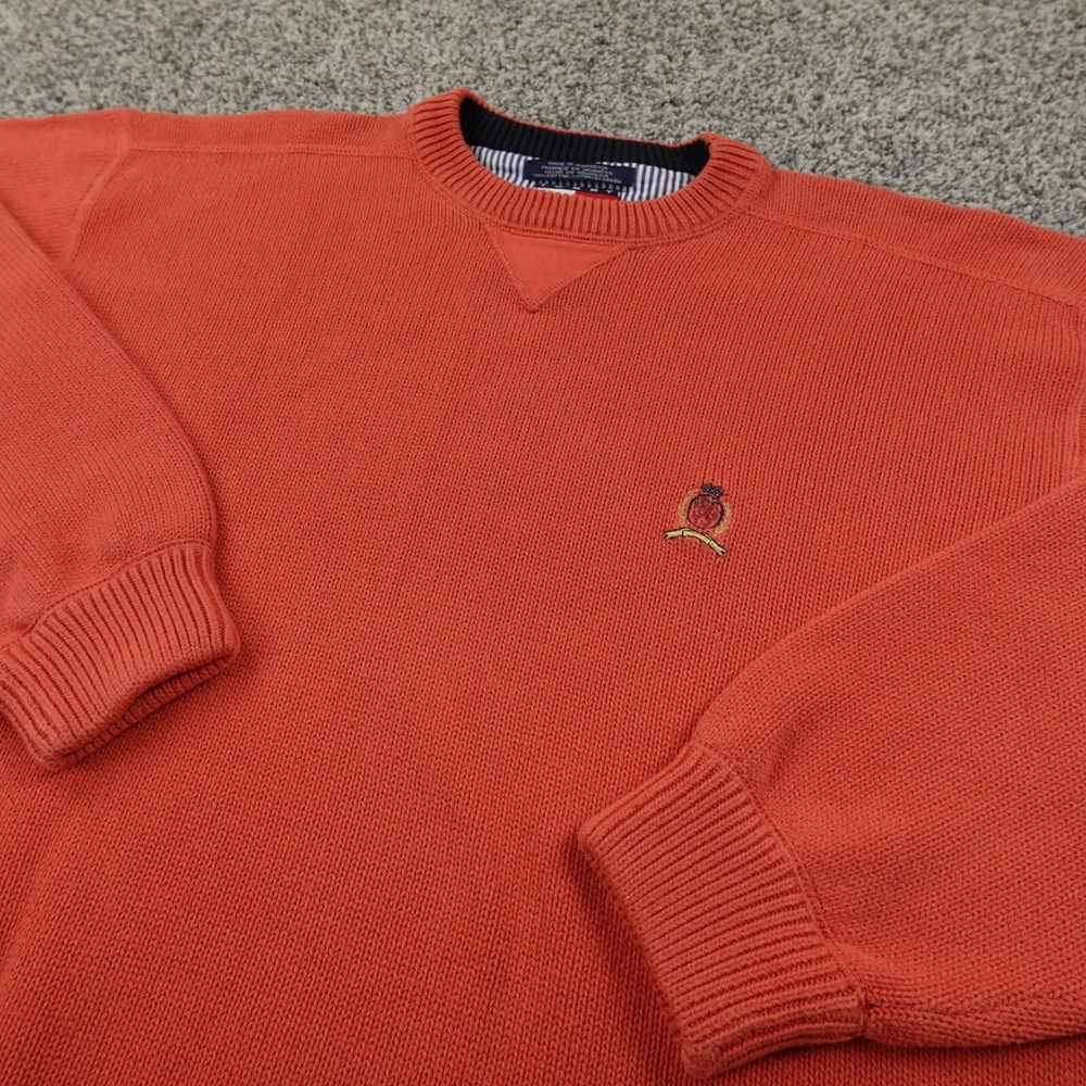 VTG Tommy Hilfiger Sweater Mens L Orange Logo Heavy Knit Crewneck Sweatshirt 90s
